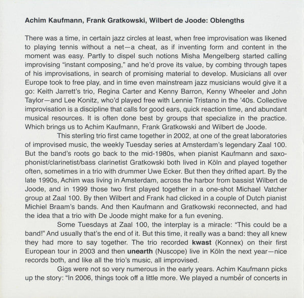 Achim Kaufmann / Frank Gratkowski / Wilbert De Joode - Oblengths (tweedehands CD) - Velvet Music