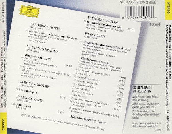 Martha Argerich, Frédéric Chopin, Johannes Brahms, Franz Liszt, Maurice Ravel, Sergei Prokofiev - Début Recital / Liszt: Sonata In B Minor = Sonate H-Moll (tweedehands CD) - Velvet Music