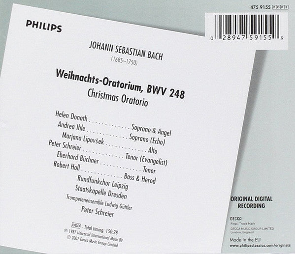 Johann Sebastian Bach - Helen Donath • Marjana Lipovšek • Eberhard Büchner • Robert Holl • Trompetenensemble Ludwig Güttler • Rundfunkchor Leipzig • Staatskapelle Dresden • Peter Schre - Weihnachtsoratorium BWV 248 (CD)