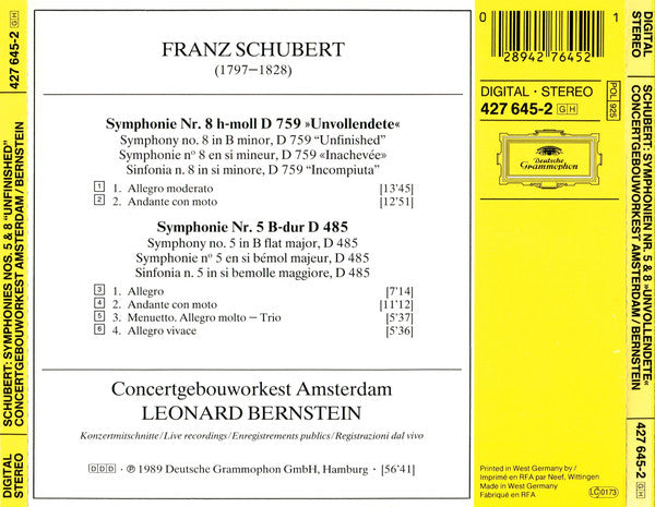 Franz Schubert - Concertgebouworkest • Leonard Bernstein - Symphonien Nos. 5 & 8 "Unvollendete" (tweedehands CD)