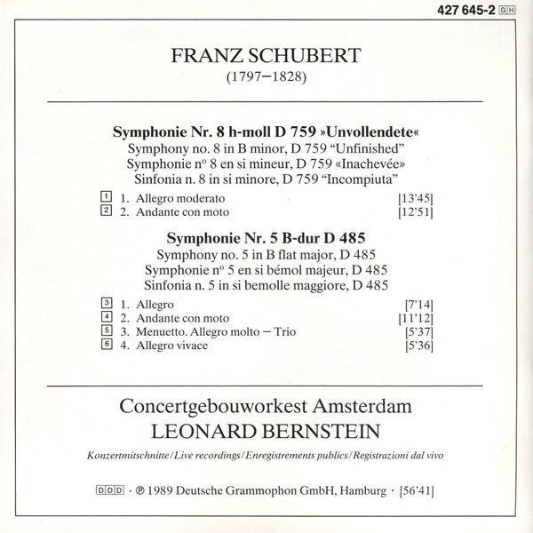 Franz Schubert - Concertgebouworkest • Leonard Bernstein - Symphonien Nos. 5 & 8 "Unvollendete" (tweedehands CD)