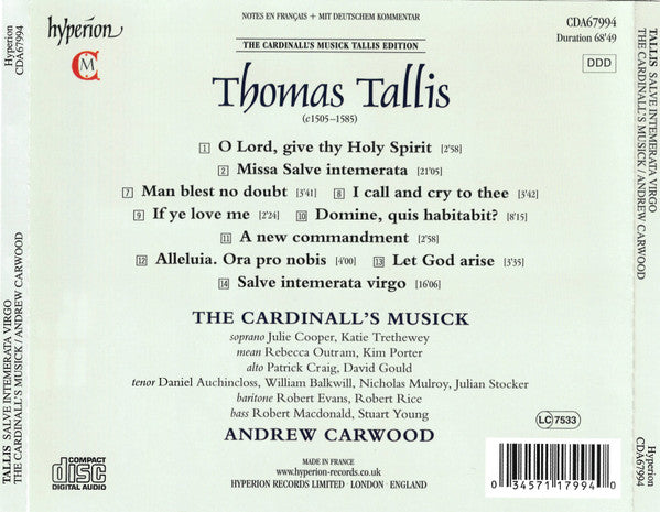 Thomas Tallis - Cardinall's Musick, The, Andrew Carwood - Salve Intemerata (CD) - Velvet Music