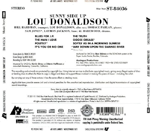 Lou Donaldson - Sunny side up (CD) - Velvet Music