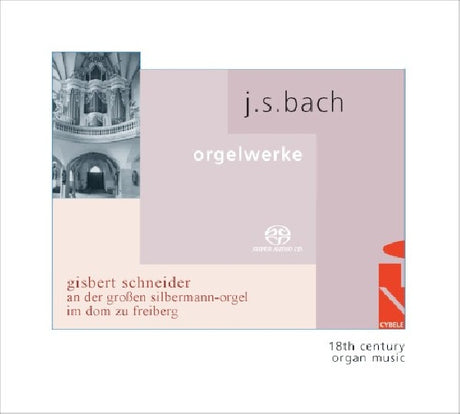 CD van Johann Sebastian Bach - Orgelwerke, met bladmuziek en opnames van orgelwerken door Gisbert Schneider op een zilveren achtergrond
