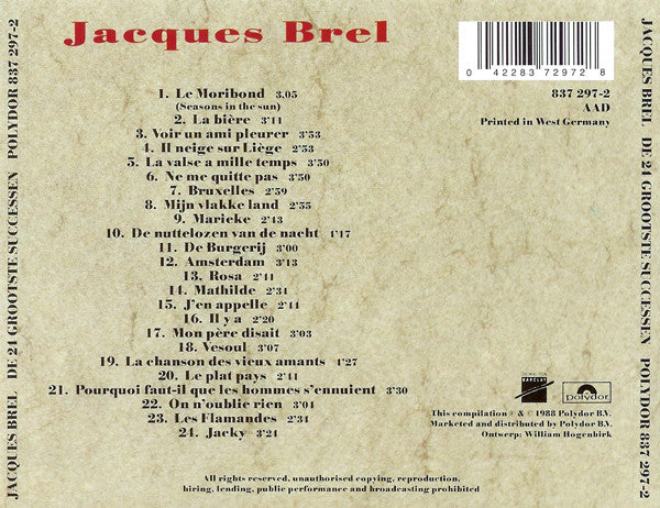 Jacques Brel - De 24 Grootste Successen (tweedehands CD) - Velvet Music