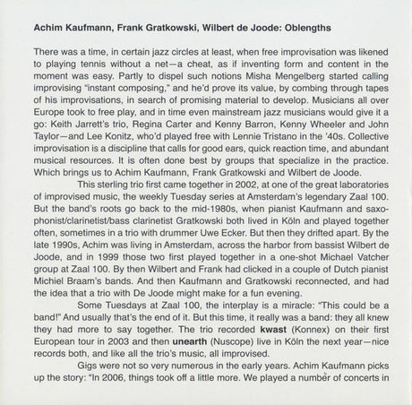Achim Kaufmann / Frank Gratkowski / Wilbert De Joode - Oblengths (tweedehands CD) - Velvet Music