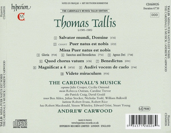 Thomas Tallis / Cardinall's Musick, The, Andrew Carwood - Missa Puer Natus Est Nobis (CD) - Velvet Music